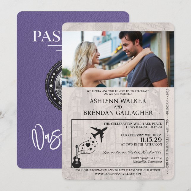 Invitación Boda de Pasaportes Lilac Purple Nashville (Anverso / Reverso)