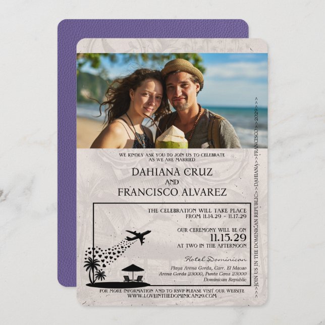 Invitación Boda de Pasaportes Lilac Purple República Dominica (Anverso / Reverso)