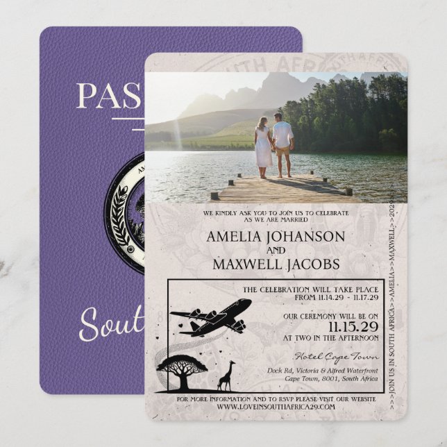 Invitación Boda de Pasaportes Lilac Sudáfrica (Anverso / Reverso)