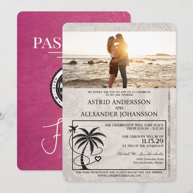 Invitación Boda de pasaportes Magenta Pink Florida (Anverso / Reverso)