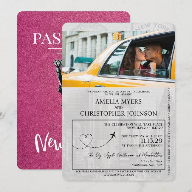 Invitación Boda de pasaportes Magenta Pink New York City Pass (Anverso / Reverso)