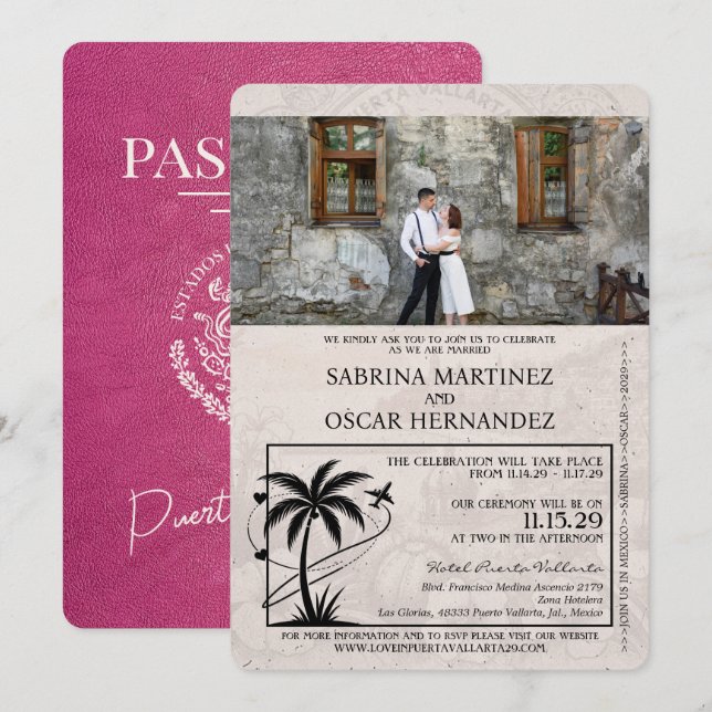 Invitación Boda de pasaportes Magenta Pink Puerta Vallarta (Anverso / Reverso)