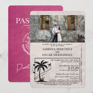 Invitación Boda de pasaportes Magenta Pink Puerta Vallarta