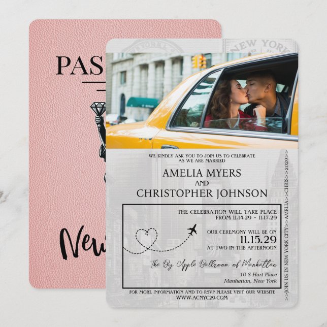 Invitación Boda de pasaportes rosado de Nueva York (Anverso / Reverso)