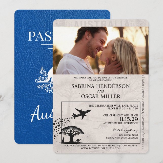 Invitación Boda de pasaportes Royal Blue Australia (Anverso / Reverso)