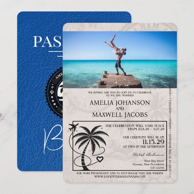 Invitación Boda de pasaportes Royal Blue Bahamas (Anverso / Reverso)