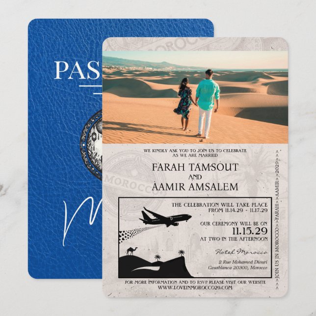 Invitación Boda de pasaportes Royal Blue Morocco (Anverso / Reverso)