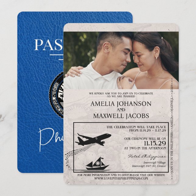 Invitación Boda de Pasaportes Royal Blue Philippines (Anverso / Reverso)