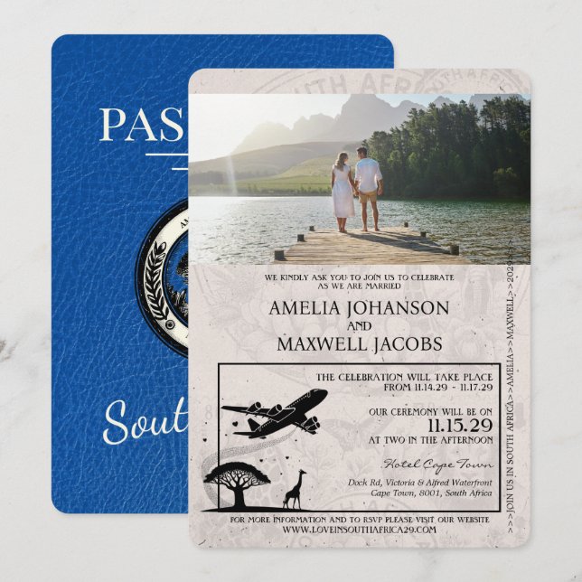 Invitación Boda de Pasaportes Royal Blue South Africa (Anverso / Reverso)