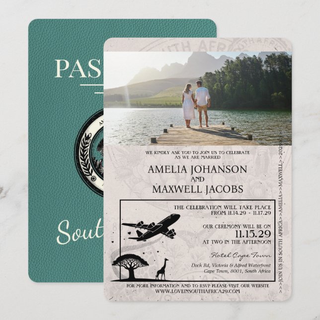 Invitación Boda de pasaportes turquesa de Sudáfrica (Anverso / Reverso)