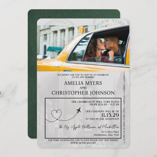 Invitación Boda de Pasaportes Verde de Nueva York (Anverso / Reverso)