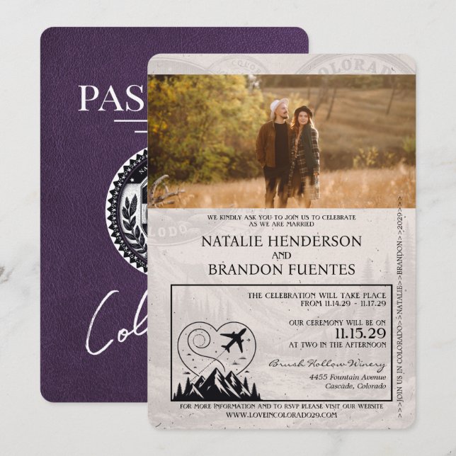 Invitación Boda de Pasaportes Violet Purple Colorado (Anverso / Reverso)