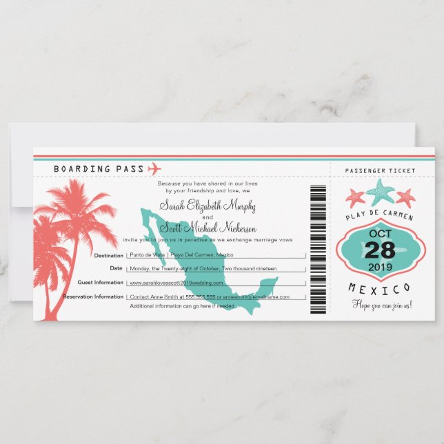 Invitación Boda de pases de abordaje Starfish de Palm Tree en (Anverso)