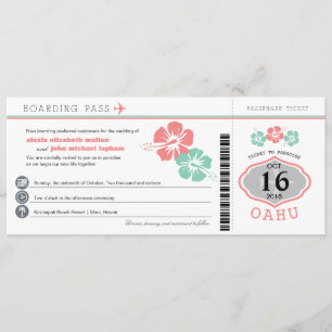 Invitación Boda de pases de Boarding de Oahu Hawaii Hibiscus