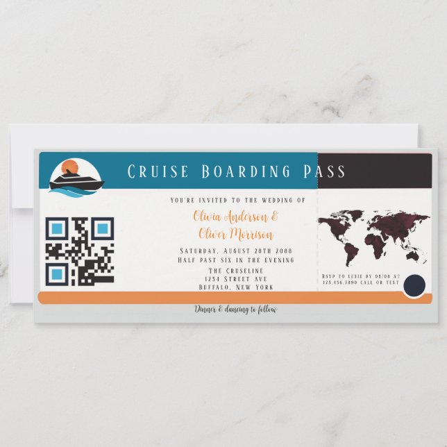 Invitación Boda de pases de crucero azul Naranja de Borgoña (Anverso)