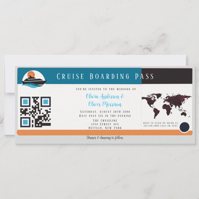 Invitación Boda de pases de crucero azul Naranja de Borgoña (Anverso)