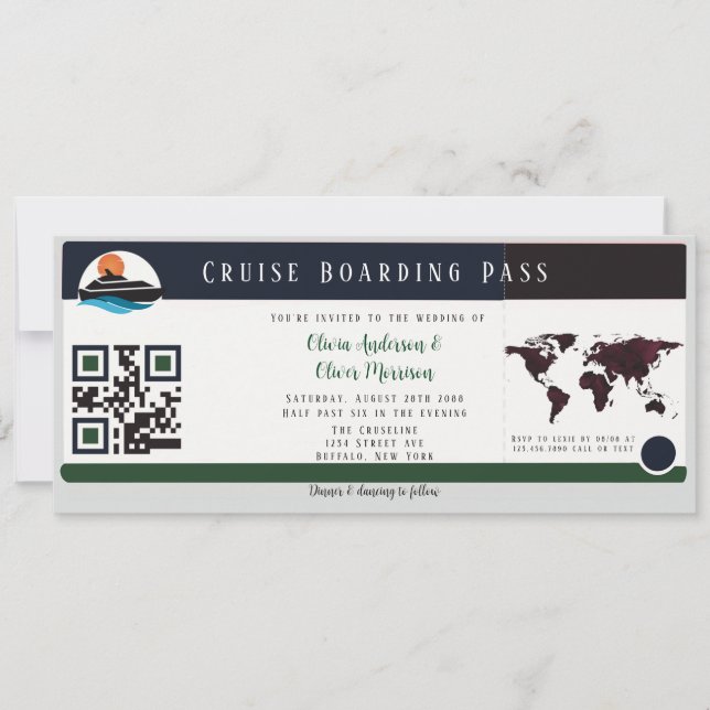 Invitación Boda de pases de crucero verde de Navy Marsala (Anverso)