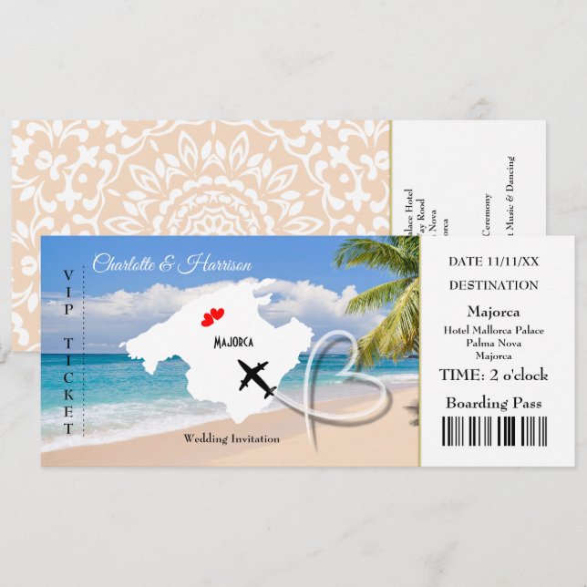 Invitación Boda de pases de embarque de entradas Destino de M (Anverso / Reverso)
