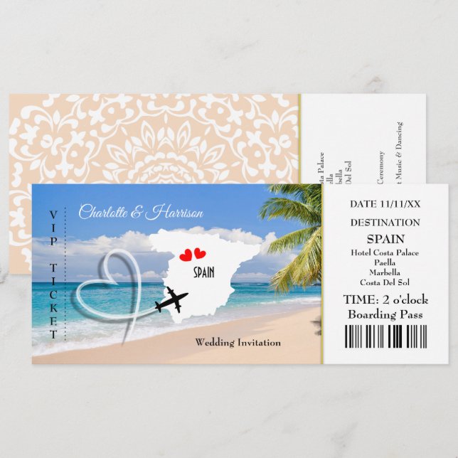 Invitación Boda de pases de embarque de entradas Destino Espa (Anverso / Reverso)