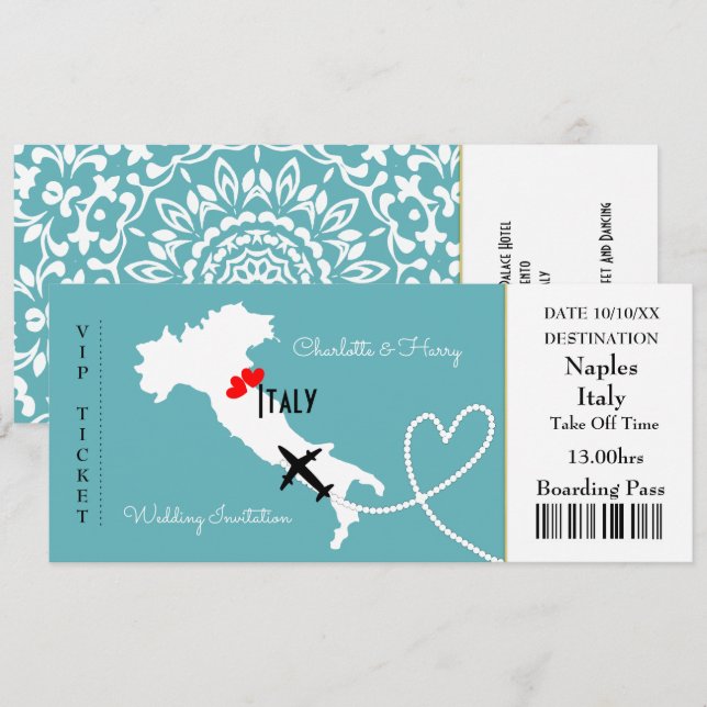 Invitación Boda de pases de embarque de entradas Destino Ital (Anverso / Reverso)