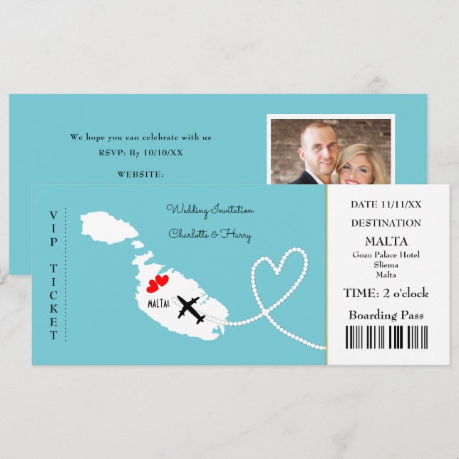 Invitación Boda de pases de embarque de entradas Destino Malt (Anverso / Reverso)