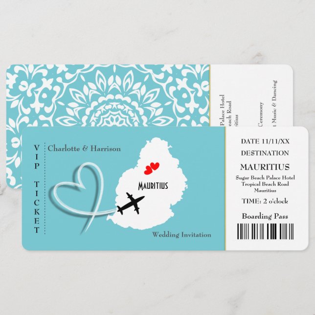 Invitación Boda de pases de embarque de entradas Destino Maur (Anverso / Reverso)