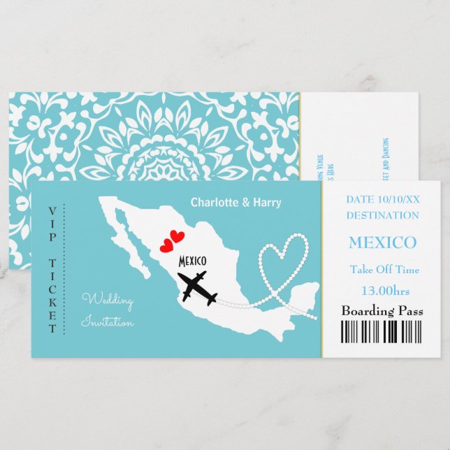 Invitación Boda de pases de embarque de entradas Destino Méxi (Anverso / Reverso)