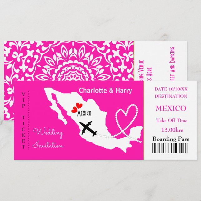 Invitación Boda de pases de embarque de entradas Destino Méxi (Anverso / Reverso)