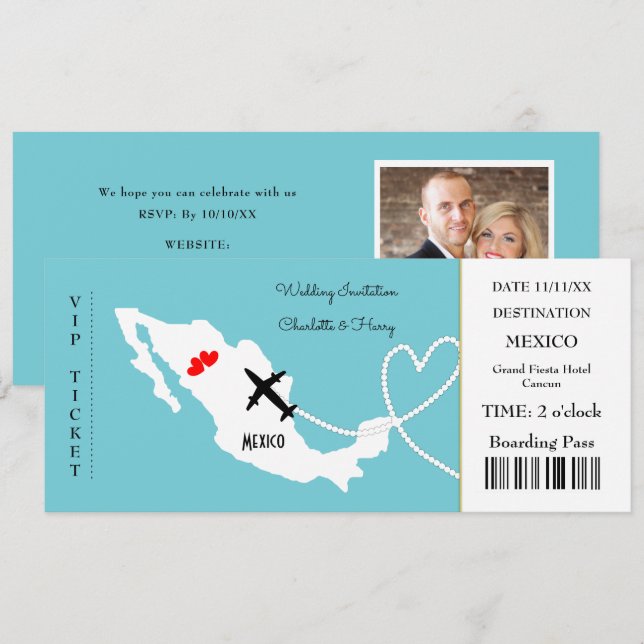 Invitación Boda de pases de embarque de entradas Destino Méxi (Anverso / Reverso)
