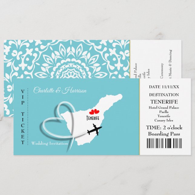 Invitación Boda de pases de embarque de entradas Destino Tene (Anverso / Reverso)