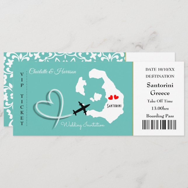 Invitación Boda de pases de embarque de entradas Santorini (Anverso / Reverso)