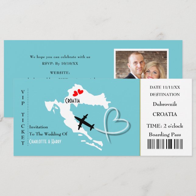 Invitación Boda de pases de embarque de tickets Croacia (Anverso / Reverso)