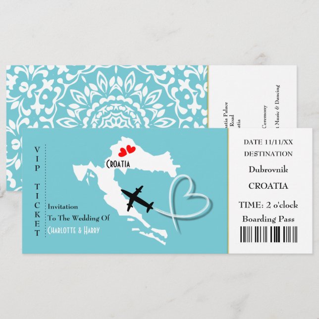 Invitación Boda de pases de embarque de tickets Croacia (Anverso / Reverso)