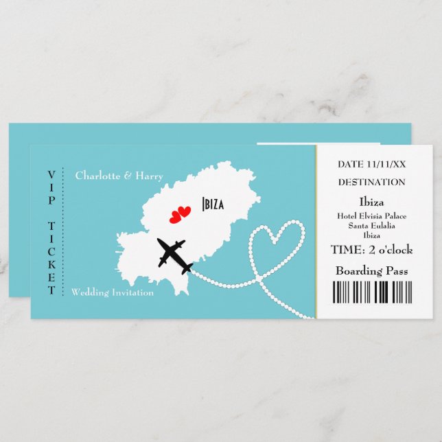Invitación Boda de pases de embarque de tickets Ibiza (Anverso / Reverso)