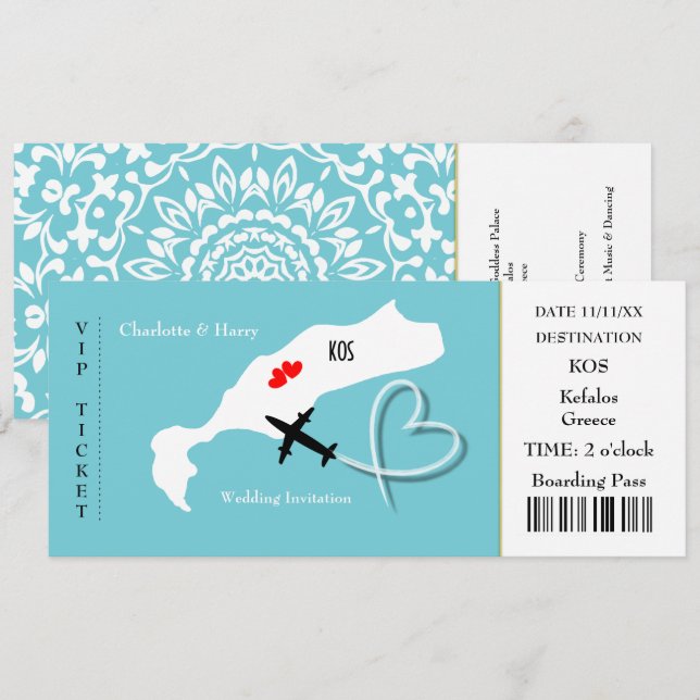 Invitación Boda de pases de embarque de tickets Kos de destin (Anverso / Reverso)
