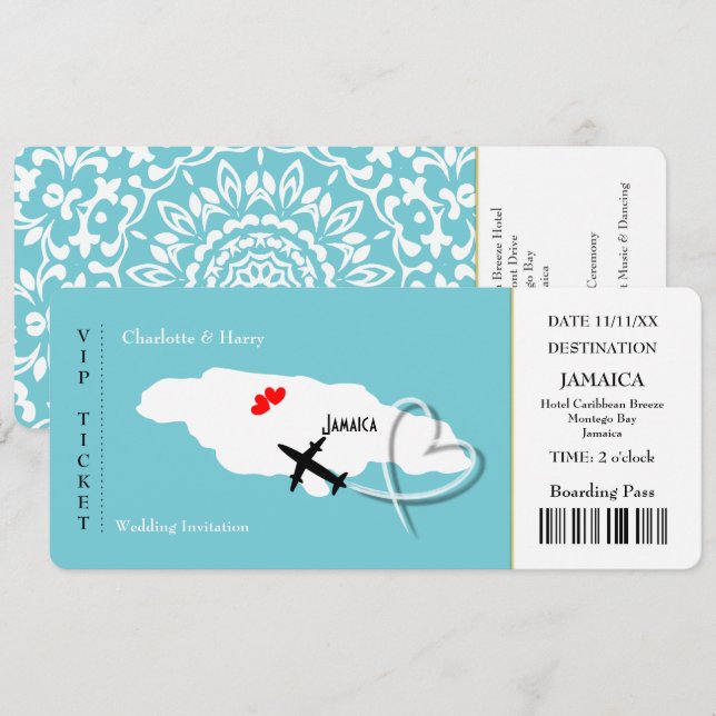 Invitación Boda de pases de embarque para entradas destino Ja (Anverso / Reverso)