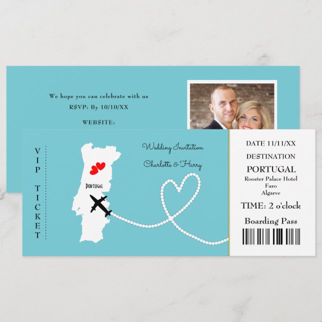 Invitación Boda de pases de embarque para entradas Destino Po (Anverso / Reverso)