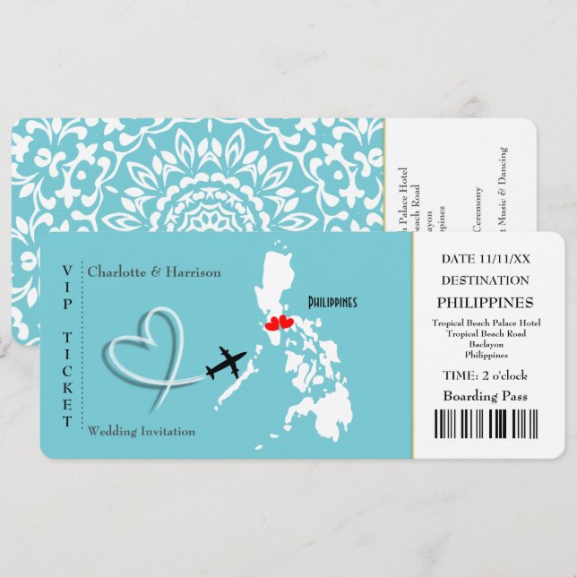 Invitación Boda de pases de embarque para entradas en Filipin (Anverso / Reverso)