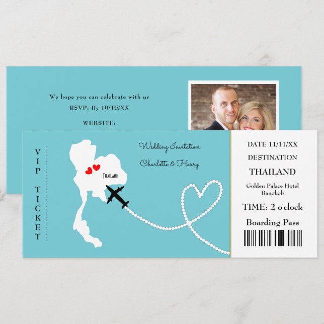 Invitación Boda de pases de embarque para entradas en Tailand (Anverso / Reverso)