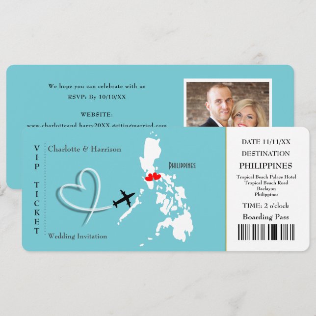 Invitación Boda de pases de embarque para entradas Foto de Fi (Anverso / Reverso)