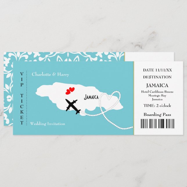 Invitación Boda de pases de embarque para entradas Jamaica (Anverso / Reverso)