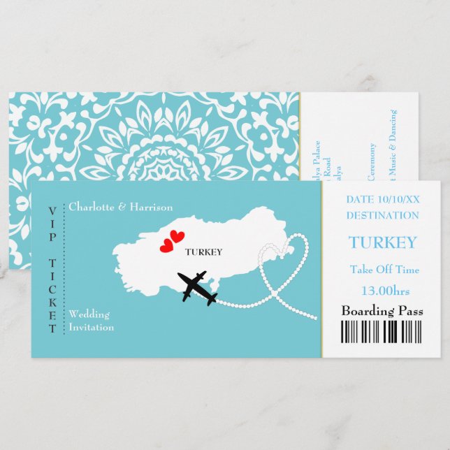 Invitación Boda de pases de embarque para entradas Turquía (Anverso / Reverso)
