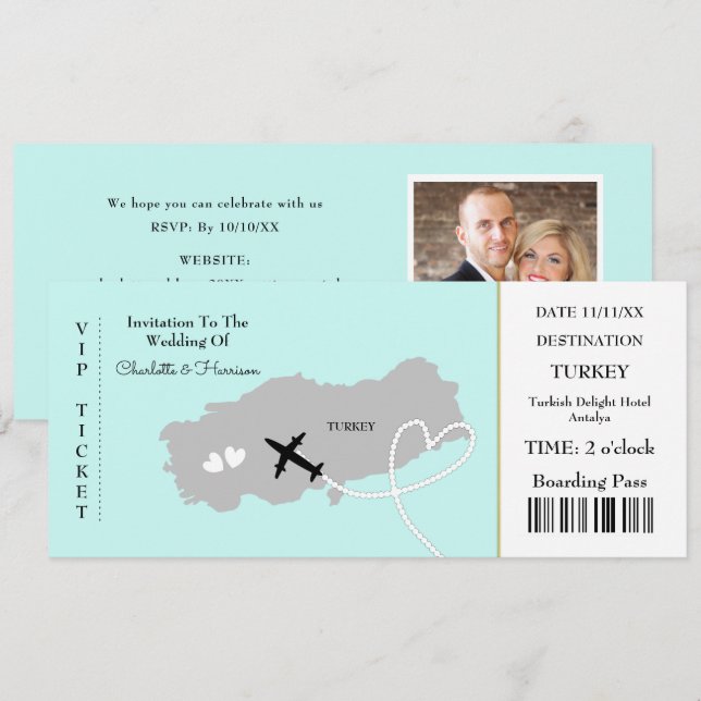Invitación Boda de pases de embarque para entradas Turquía (Anverso / Reverso)