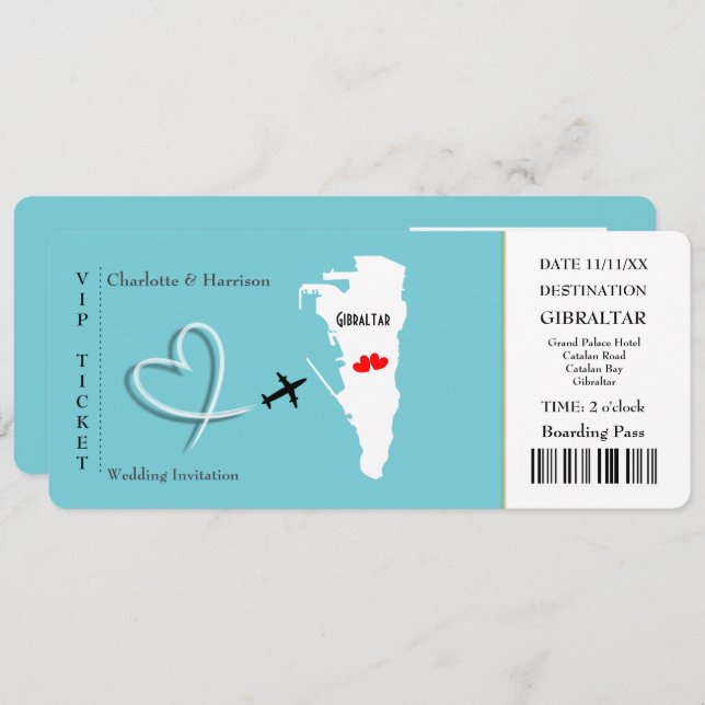 Invitación Boda de pases de entradas destino Gibraltar (Anverso / Reverso)