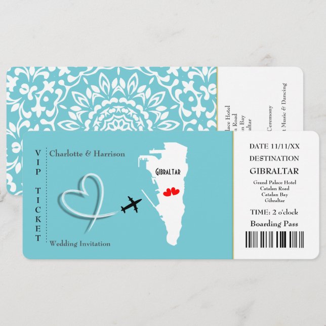 Invitación Boda de pases de entradas destino Gibraltar (Anverso / Reverso)