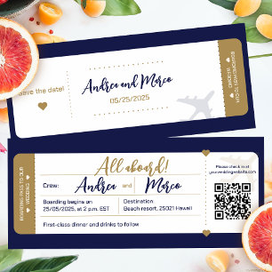 Invitación Boda De Pasos De Embarque De Caligrafía Azul Y Oro