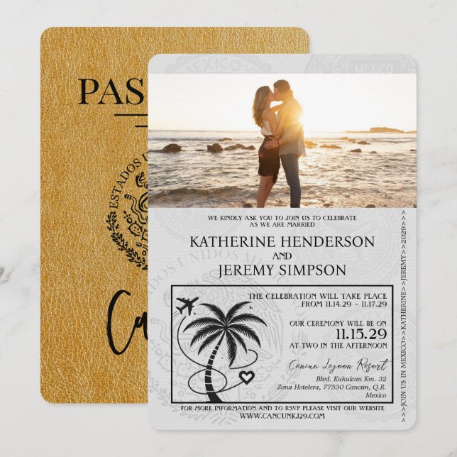 Invitación Boda de Passport de Cancún de oro