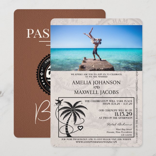 Invitación Boda de Passport de las Bahamas Brown (Anverso / Reverso)
