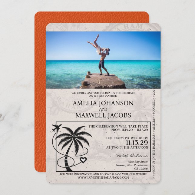 Invitación Boda de Passport de naranja Bahamas (Anverso / Reverso)