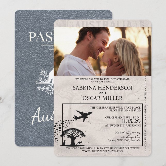 Invitación Boda de Passport de Silver Australia (Anverso / Reverso)